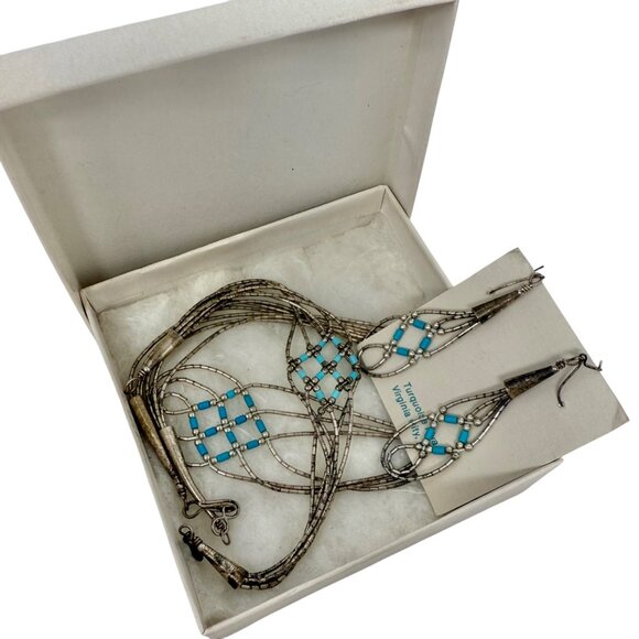Native American Liquid‎ Silver Turquoise Necklace 3 Pc Jewelry Set 925 Sterling - Picture 5 of 16